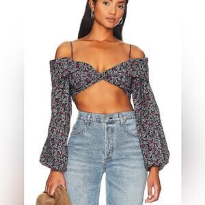 NEW Lovers and Friends Balloon Sleeves PEARL TOP Blue Floral Multi XS